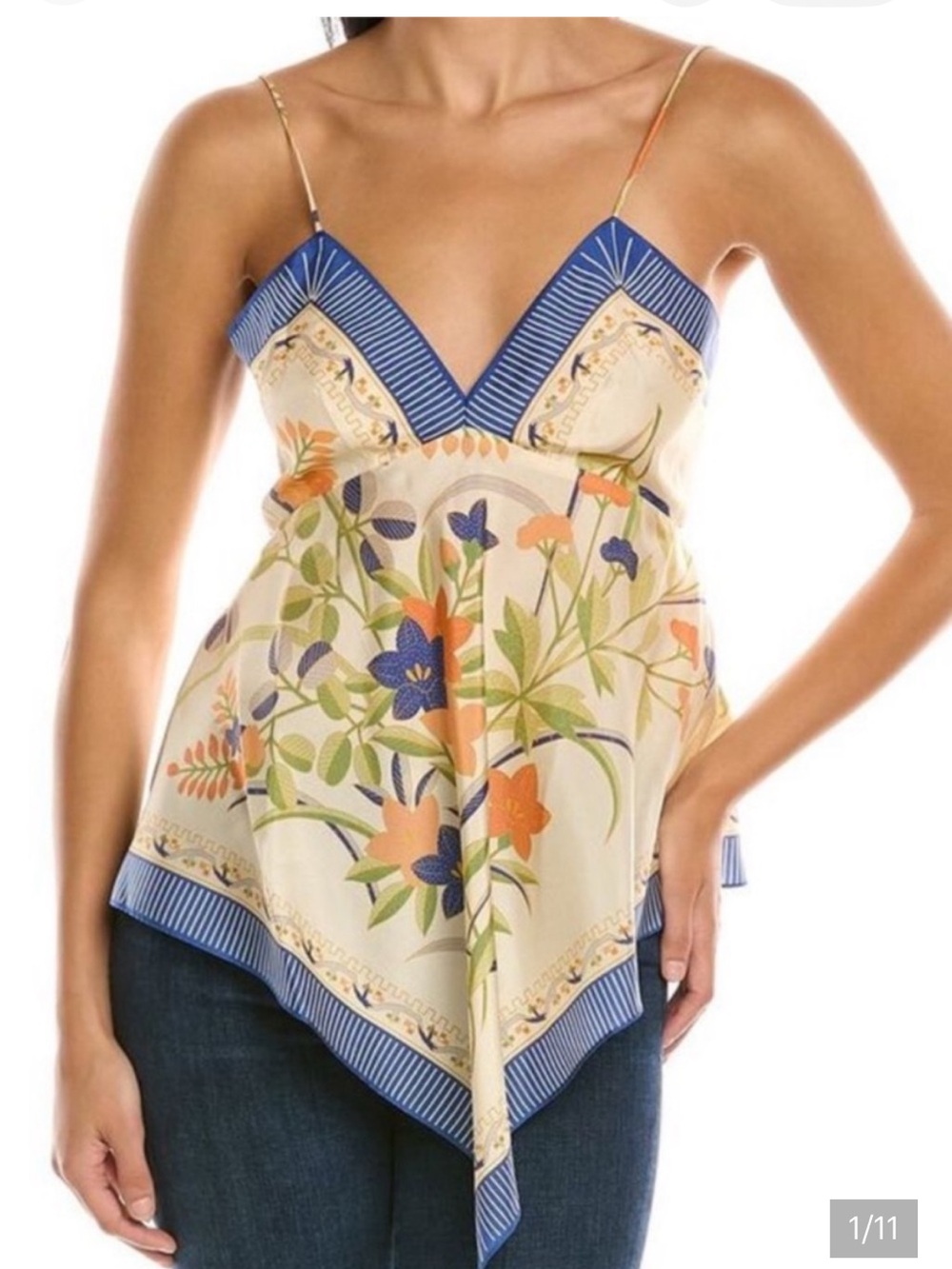 Rebecca Taylor Floral Silk Handkerchief Hem Cami Top in Blue & Cream
